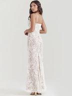 Floral Lace Spaghetti Strap Gathered Bust Maxi Dress
