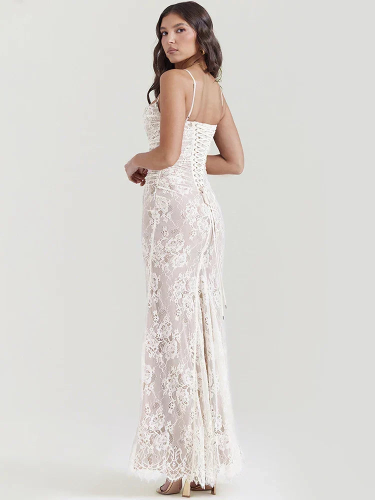 Floral Lace Spaghetti Strap Gathered Bust Maxi Dress