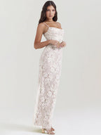 Floral Lace Spaghetti Strap Gathered Bust Maxi Dress