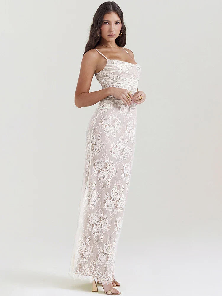 Floral Lace Spaghetti Strap Gathered Bust Maxi Dress