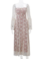 Square Neck Floral Lace Bell Sleeve Corset Seam Mini Dress