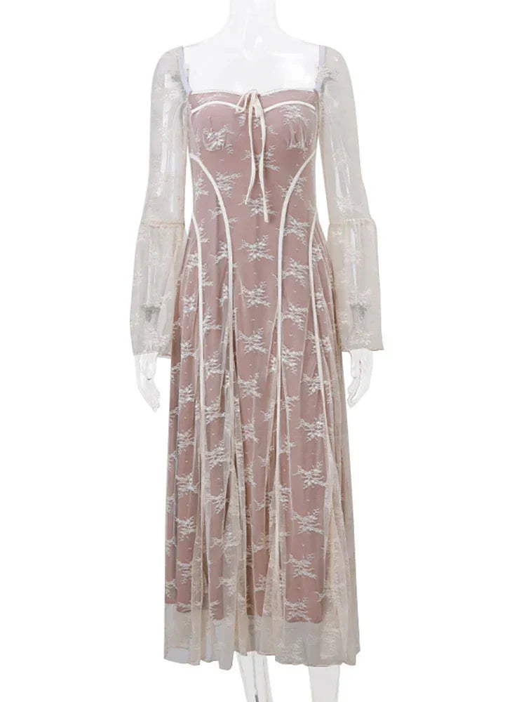 Square Neck Floral Lace Bell Sleeve Corset Seam Mini Dress