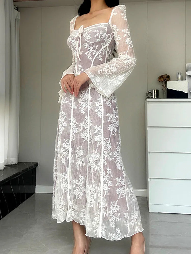 Square Neck Floral Lace Bell Sleeve Corset Seam Mini Dress