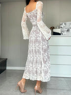 Square Neck Floral Lace Bell Sleeve Corset Seam Mini Dress