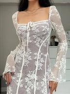 Square Neck Floral Lace Bell Sleeve Corset Seam Mini Dress