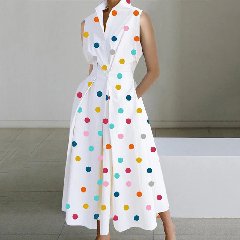 Mod Floral Print Stand Collar Sleeveless Button Midi Dress