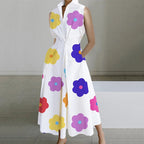 Mod Floral Print Stand Collar Sleeveless Button Midi Dress