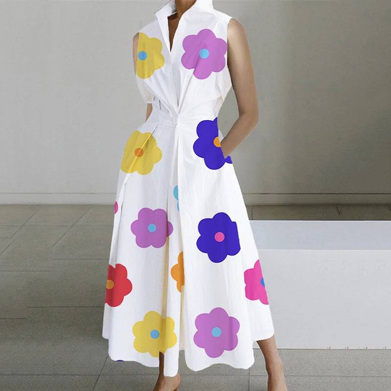 Mod Floral Print Stand Collar Sleeveless Button Midi Dress