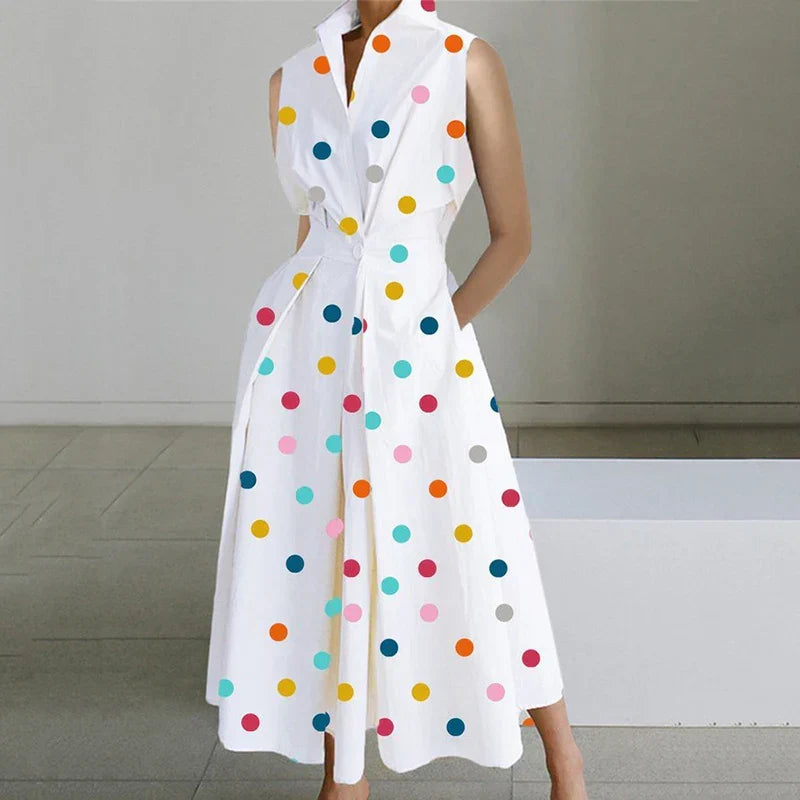 Mod Floral Print Stand Collar Sleeveless Button Midi Dress