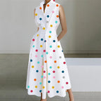 Mod Floral Print Stand Collar Sleeveless Button Midi Dress