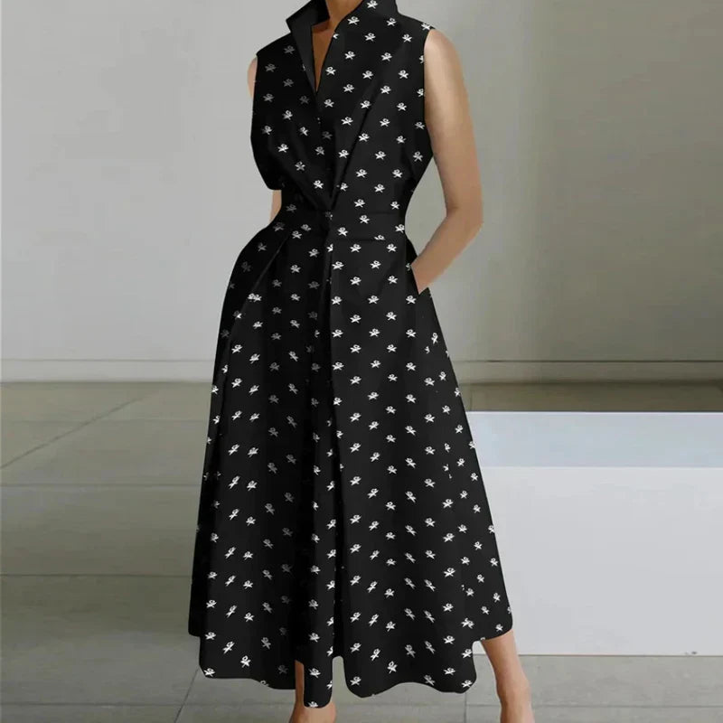 Mod Floral Print Stand Collar Sleeveless Button Midi Dress