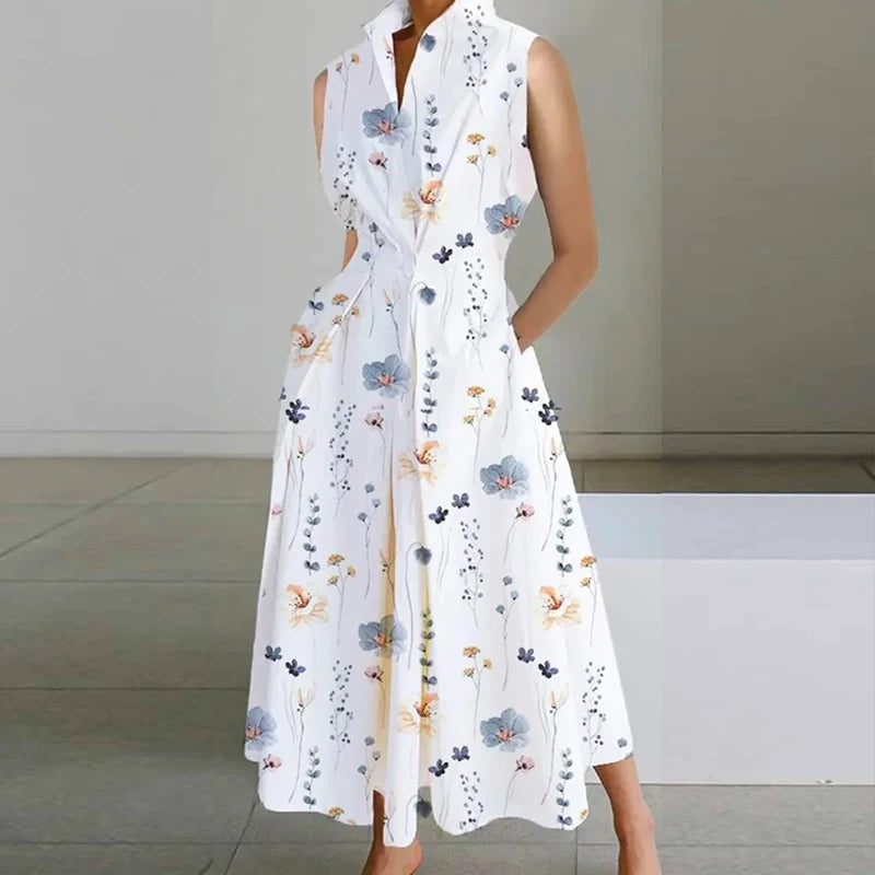 Mod Floral Print Stand Collar Sleeveless Button Midi Dress