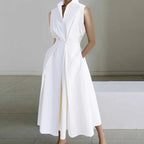 Mod Floral Print Stand Collar Sleeveless Button Midi Dress