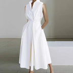 Mod Floral Print Stand Collar Sleeveless Button Midi Dress