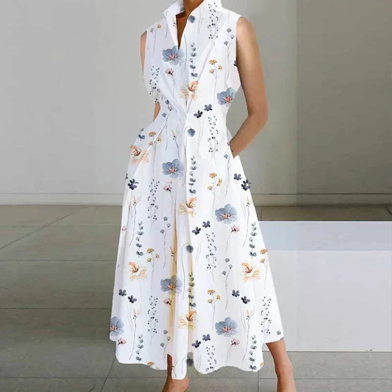 Mod Floral Print Stand Collar Sleeveless Button Midi Dress
