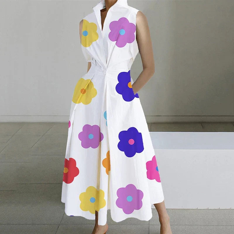 Mod Floral Print Stand Collar Sleeveless Button Midi Dress