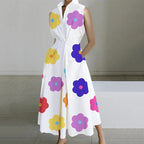 Mod Floral Print Stand Collar Sleeveless Button Midi Dress