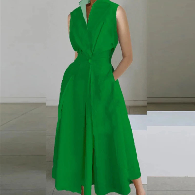 Mod Floral Print Stand Collar Sleeveless Button Midi Dress
