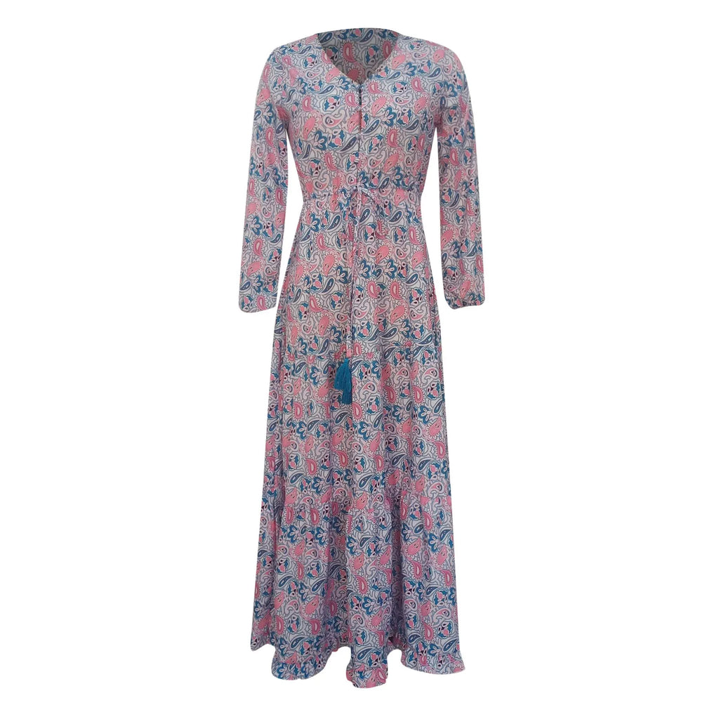 Paisley Print V-Neck Long Sleeve Tiered Smocked Waist Maxi Dress