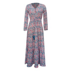 Paisley Print V-Neck Long Sleeve Tiered Smocked Waist Maxi Dress
