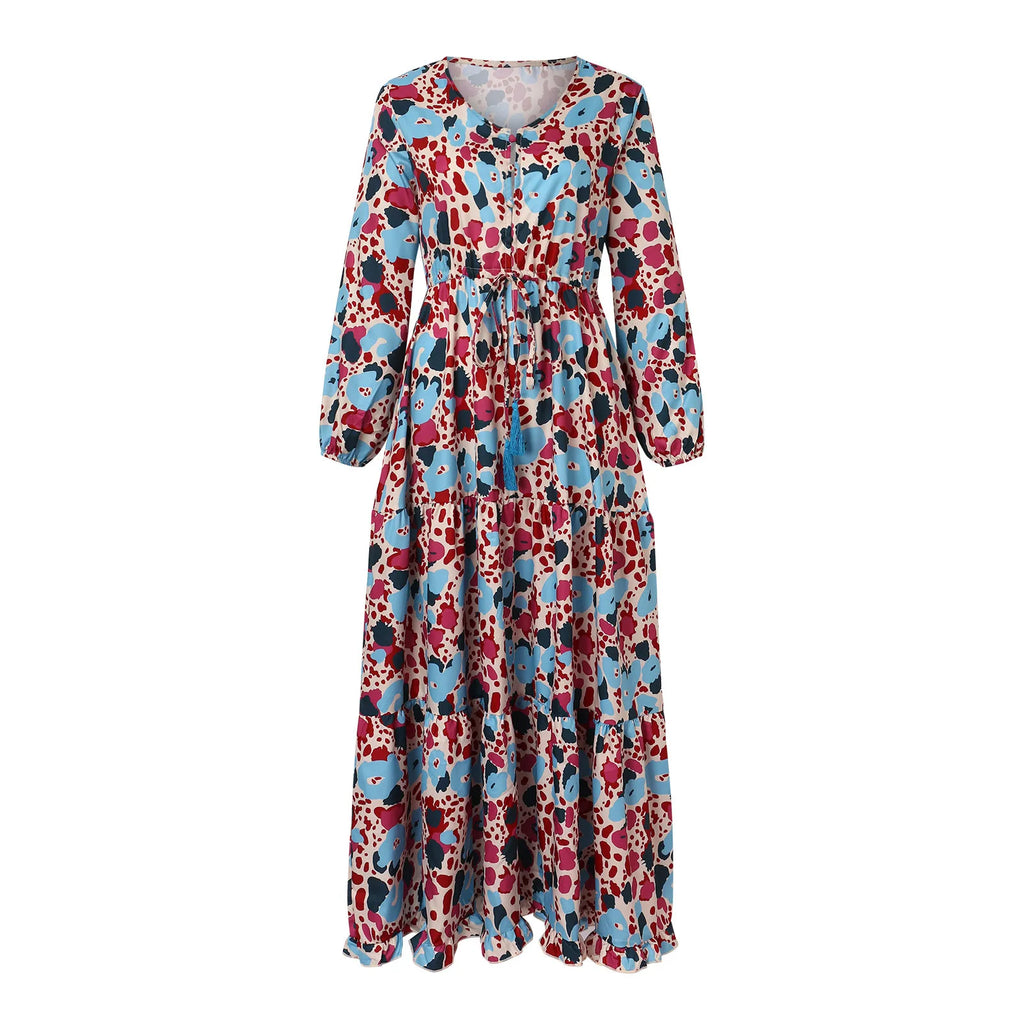 Paisley Print V-Neck Long Sleeve Tiered Smocked Waist Maxi Dress