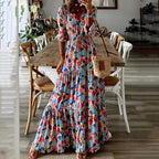 Paisley Print V-Neck Long Sleeve Tiered Smocked Waist Maxi Dress