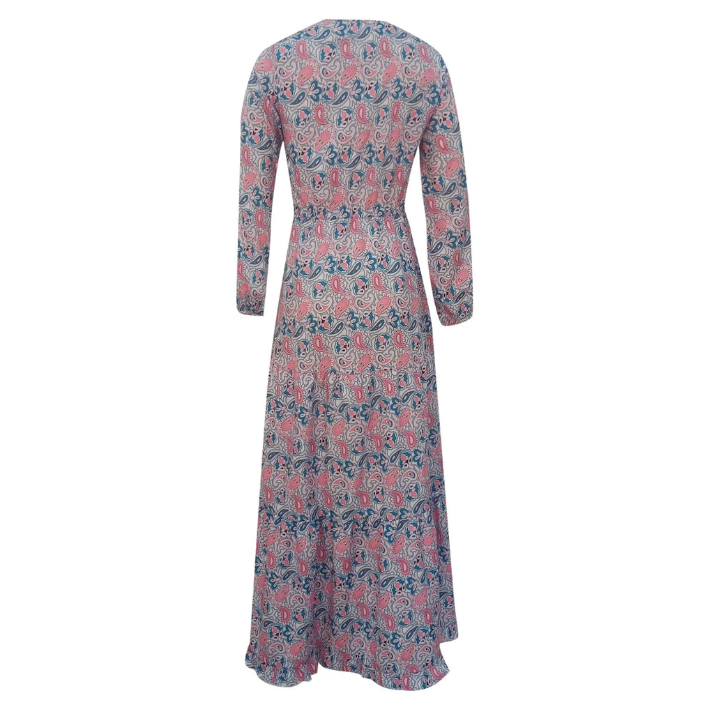 Paisley Print V-Neck Long Sleeve Tiered Smocked Waist Maxi Dress