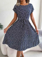 Ditsy Floral Print Cap Sleeve Tie Waist A-Line Midi Dress