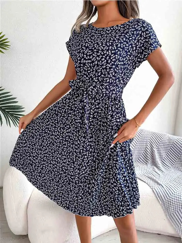 Ditsy Floral Print Cap Sleeve Tie Waist A-Line Midi Dress