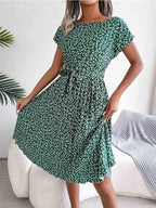Ditsy Floral Print Crew Neck Short Sleeve Tie Waist Pleated Midi Dress