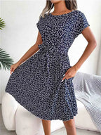 Ditsy Floral Cap Sleeve Round Neck Belted Pleated Fit and Flare Midi Dress