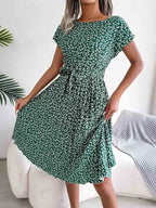 Ditsy Floral Print Cap Sleeve Tie Waist A-Line Midi Dress