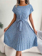 Ditsy Floral Cap Sleeve Round Neck Belted Pleated Fit and Flare Midi Dress