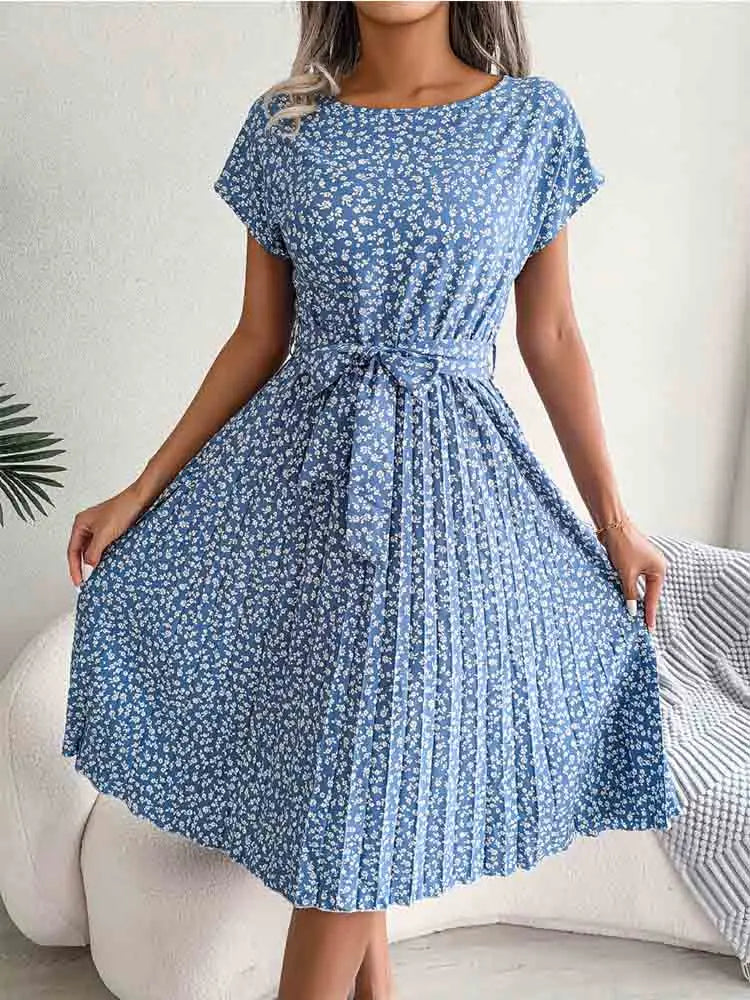 Ditsy Floral Cap Sleeve Round Neck Belted Pleated Fit and Flare Midi Dress