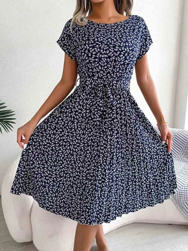 Ditsy Floral Cap Sleeve Round Neck Belted Pleated Fit and Flare Midi Dress