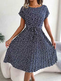 Ditsy Floral Cap Sleeve Round Neck Belted Pleated Fit and Flare Midi Dress