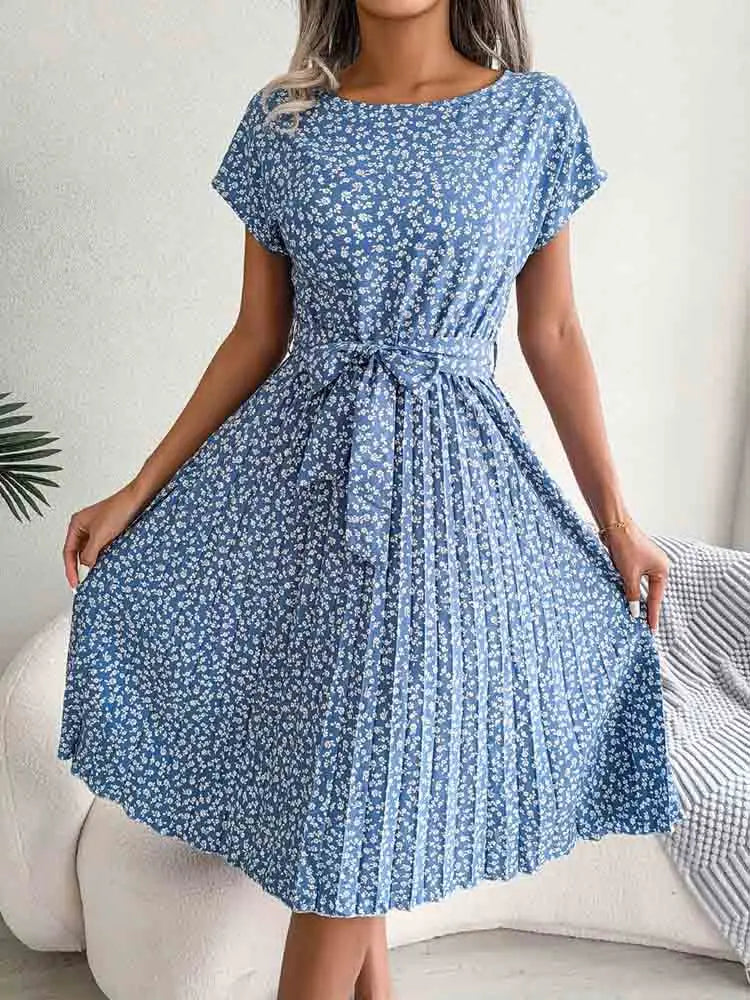 Ditsy Floral Cap Sleeve Round Neck Belted Pleated Fit and Flare Midi Dress