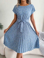 Ditsy Floral Cap Sleeve Round Neck Belted Pleated Fit and Flare Midi Dress