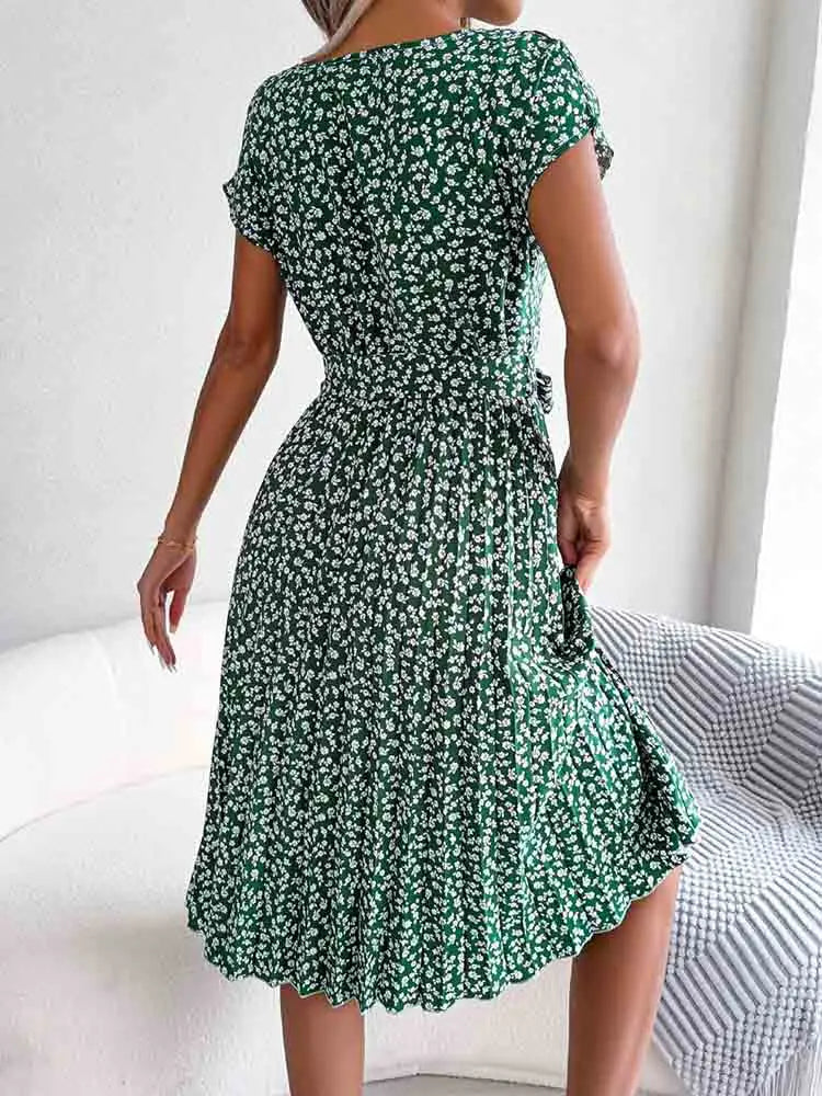 Ditsy Floral Print Cap Sleeve Tie Waist A-Line Midi Dress