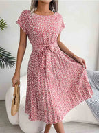 Ditsy Floral Cap Sleeve Round Neck Belted Pleated Fit and Flare Midi Dress