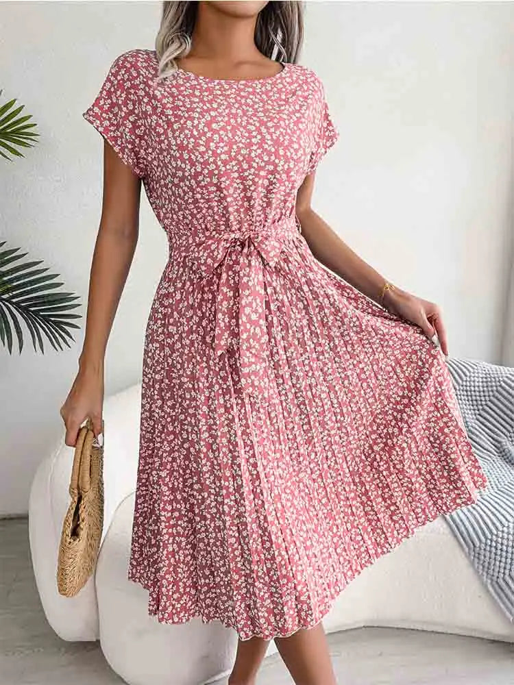 Ditsy Floral Cap Sleeve Round Neck Belted Pleated Fit and Flare Midi Dress