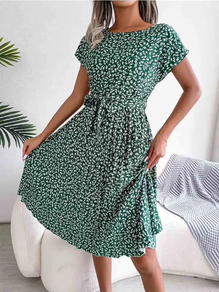 Ditsy Floral Print Cap Sleeve Tie Waist A-Line Midi Dress