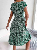 Ditsy Floral Cap Sleeve Round Neck Belted Pleated Fit and Flare Midi Dress