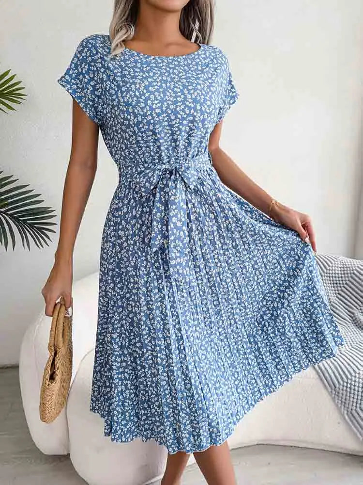 Ditsy Floral Cap Sleeve Round Neck Belted Pleated Fit and Flare Midi Dress