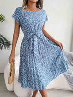 Ditsy Floral Print Crew Neck Short Sleeve Tie Waist Pleated Midi Dress