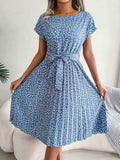Ditsy Floral Print Crew Neck Short Sleeve Tie Waist Pleated Midi Dress