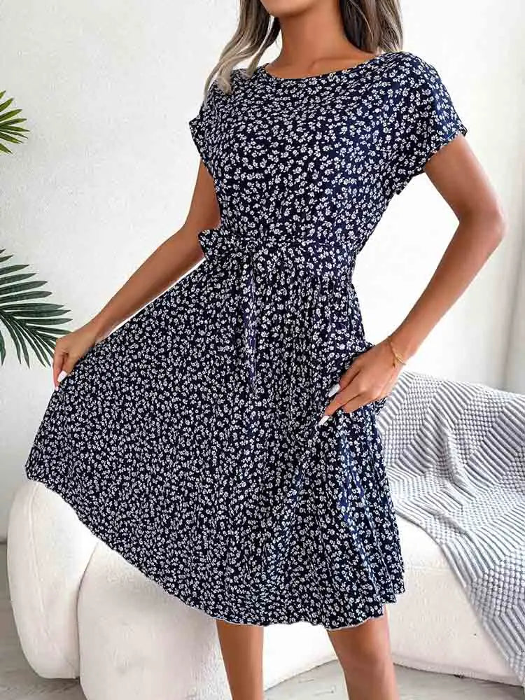 Ditsy Floral Cap Sleeve Round Neck Belted Pleated Fit and Flare Midi Dress