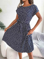 Ditsy Floral Cap Sleeve Round Neck Belted Pleated Fit and Flare Midi Dress
