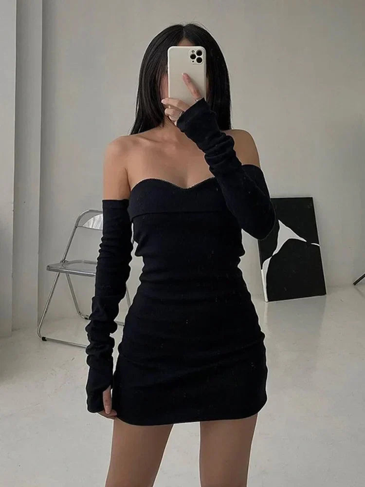 Off Shoulder Sweetheart Long Sleeve Thumbhole Bodycon Mini Dress
