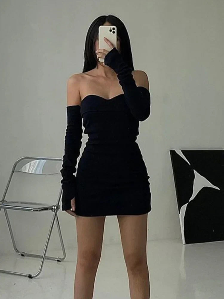Off Shoulder Sweetheart Long Sleeve Thumbhole Bodycon Mini Dress